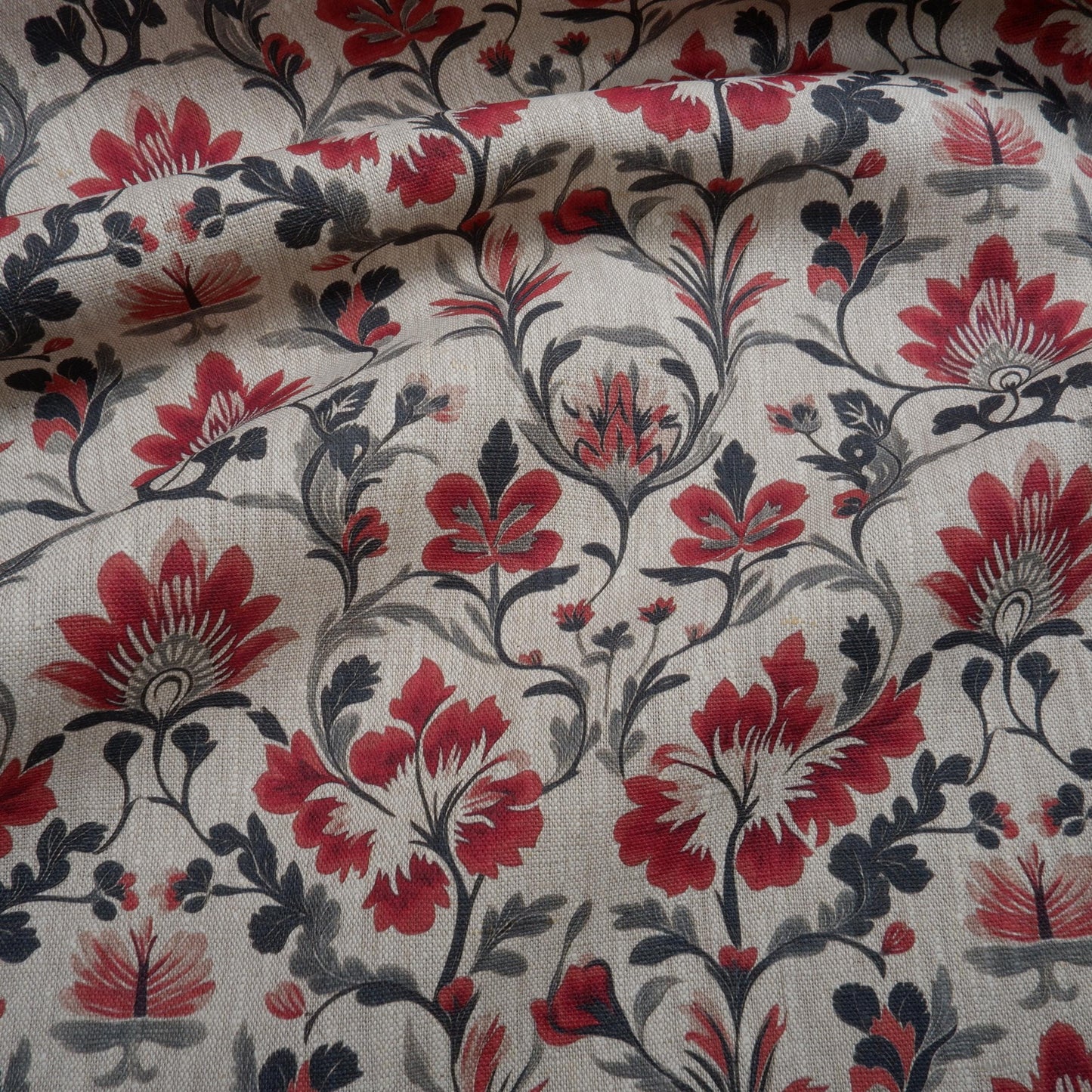 100% LINEN Fabric block print floral red black on grey, oatmeal natur linen fabric with botanical print for upholstery home decor