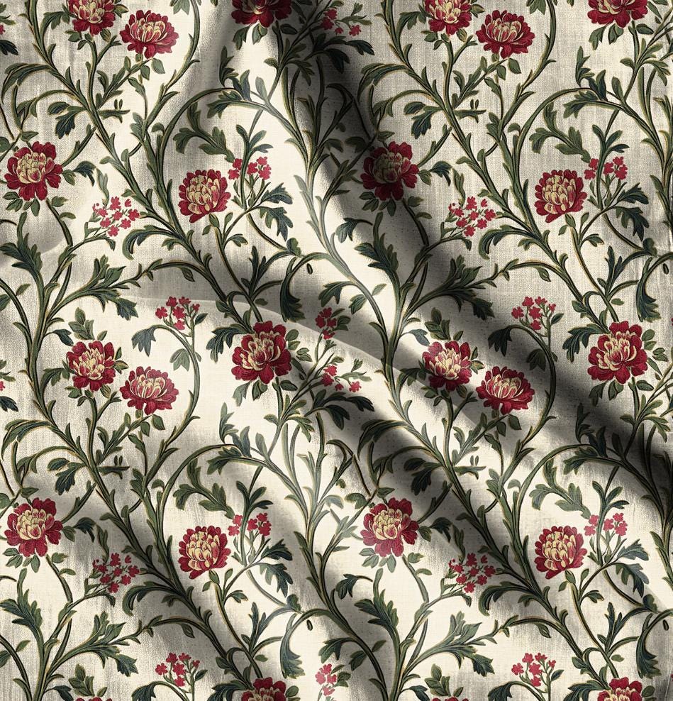 100% LINEN Fabric oriental with floral print, linen fabric with botanical print, heavy linen fabric for upholstery home decor