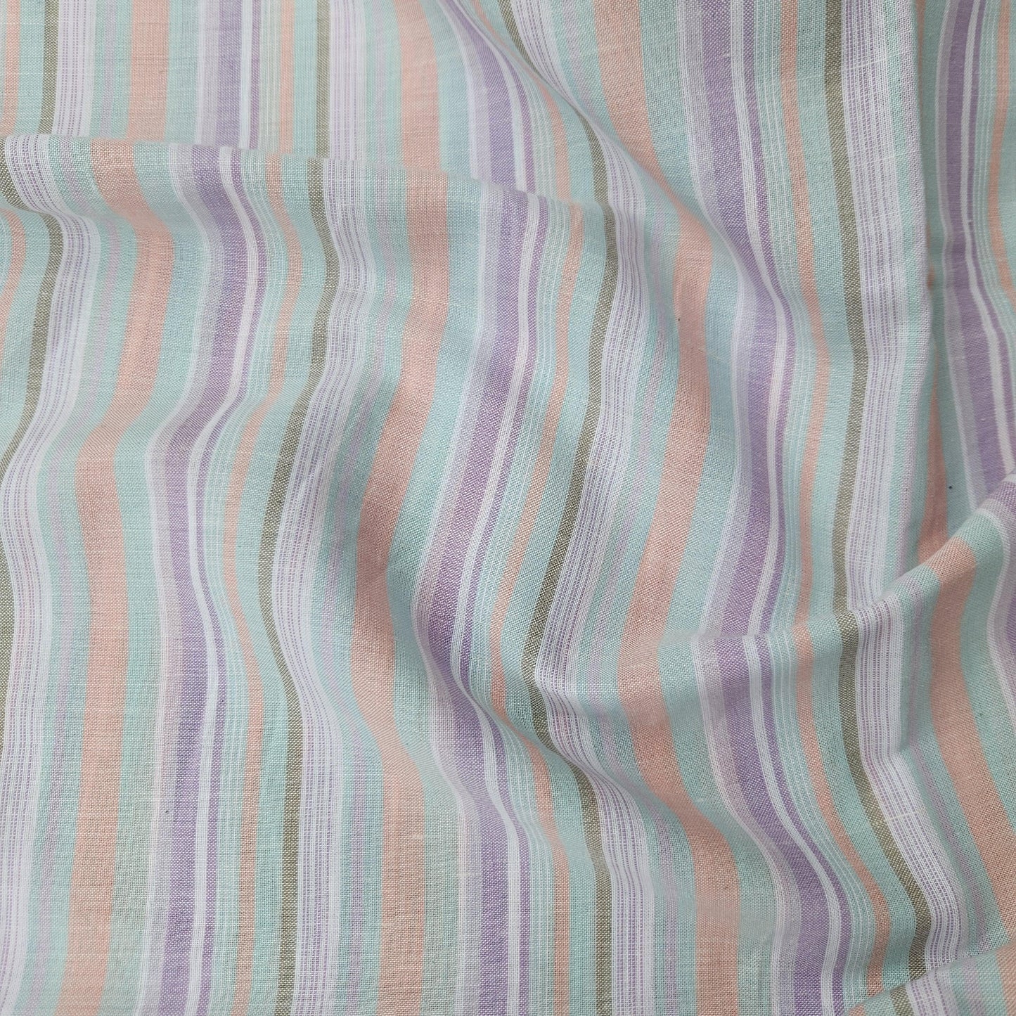 Premium Linen striped Fabric in pastel purple pink white | Medium weight multicolor stripes Roskilde Stripe for clothing home textile