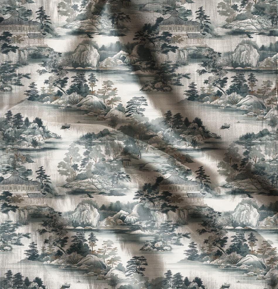 japanese scenery print fabrin in heavy linen