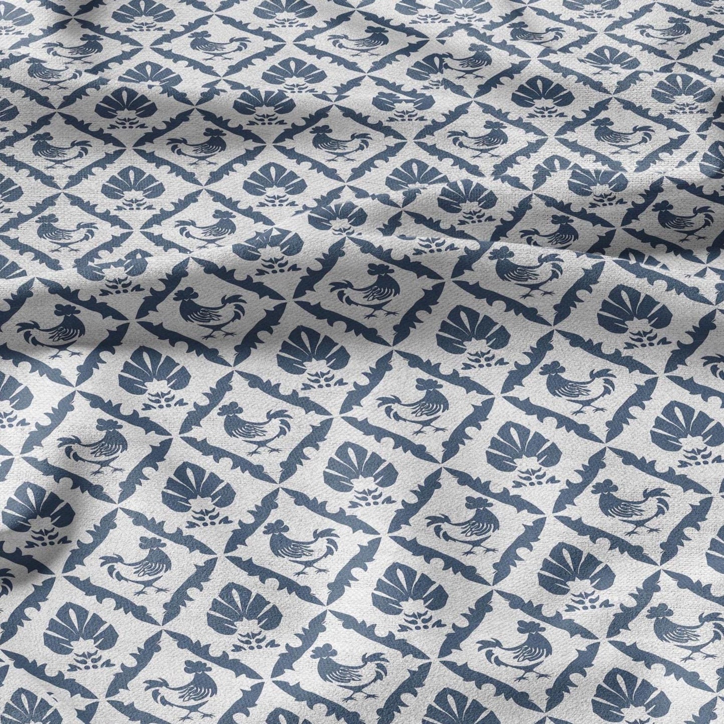 100% LINEN Fabric blue rooster farm on white linen - indigo blue countryside fabric for uphlstery heavy / medium for clothing 2581