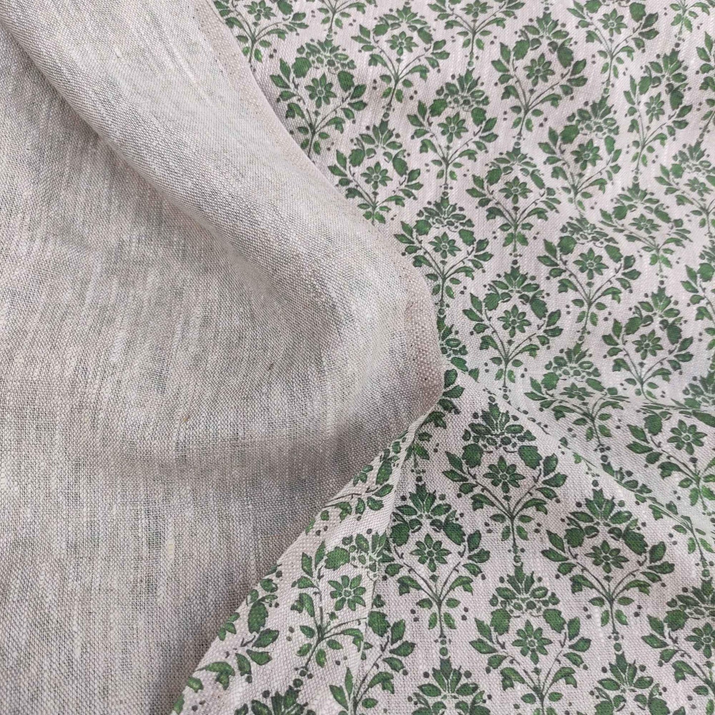 100% LINEN Fabric french green block print on oatmeal natur linen, upholstery linen fabric for home decor 340