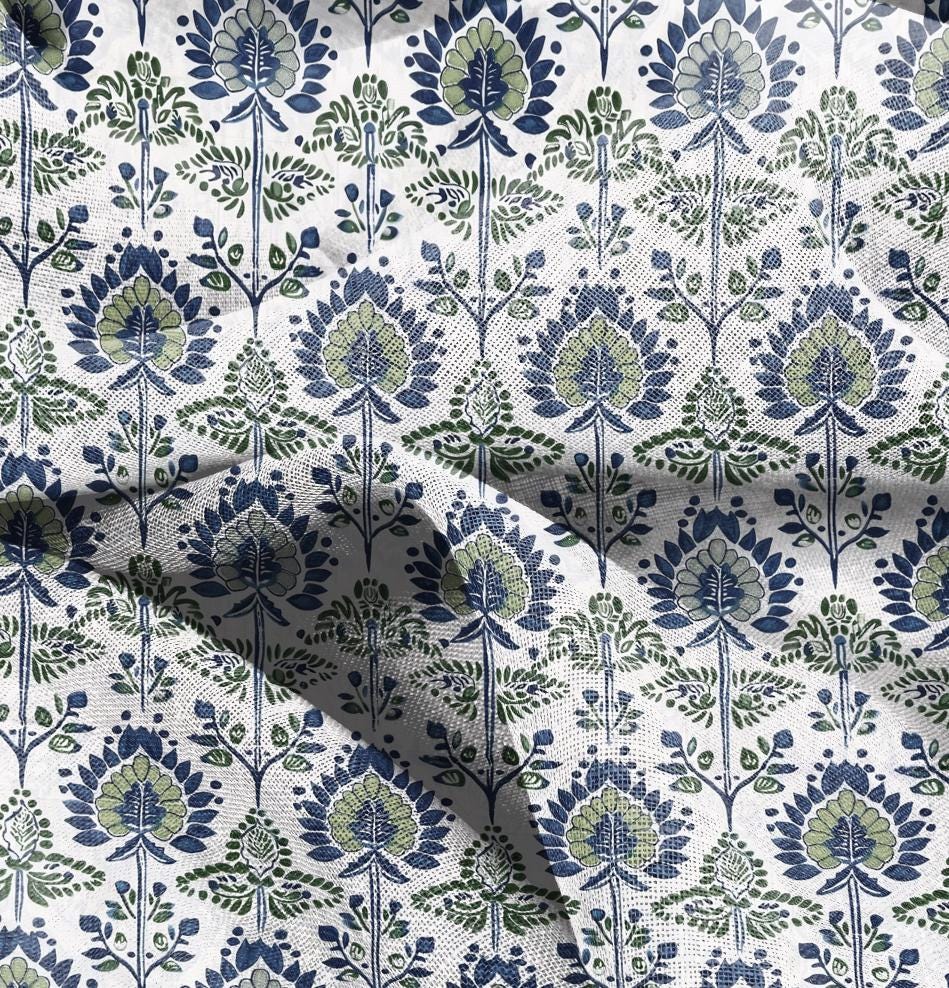 100% LINEN Fabric block print, linen fabric with indian blue floral print, heavy linen fabric for upholstery home decor