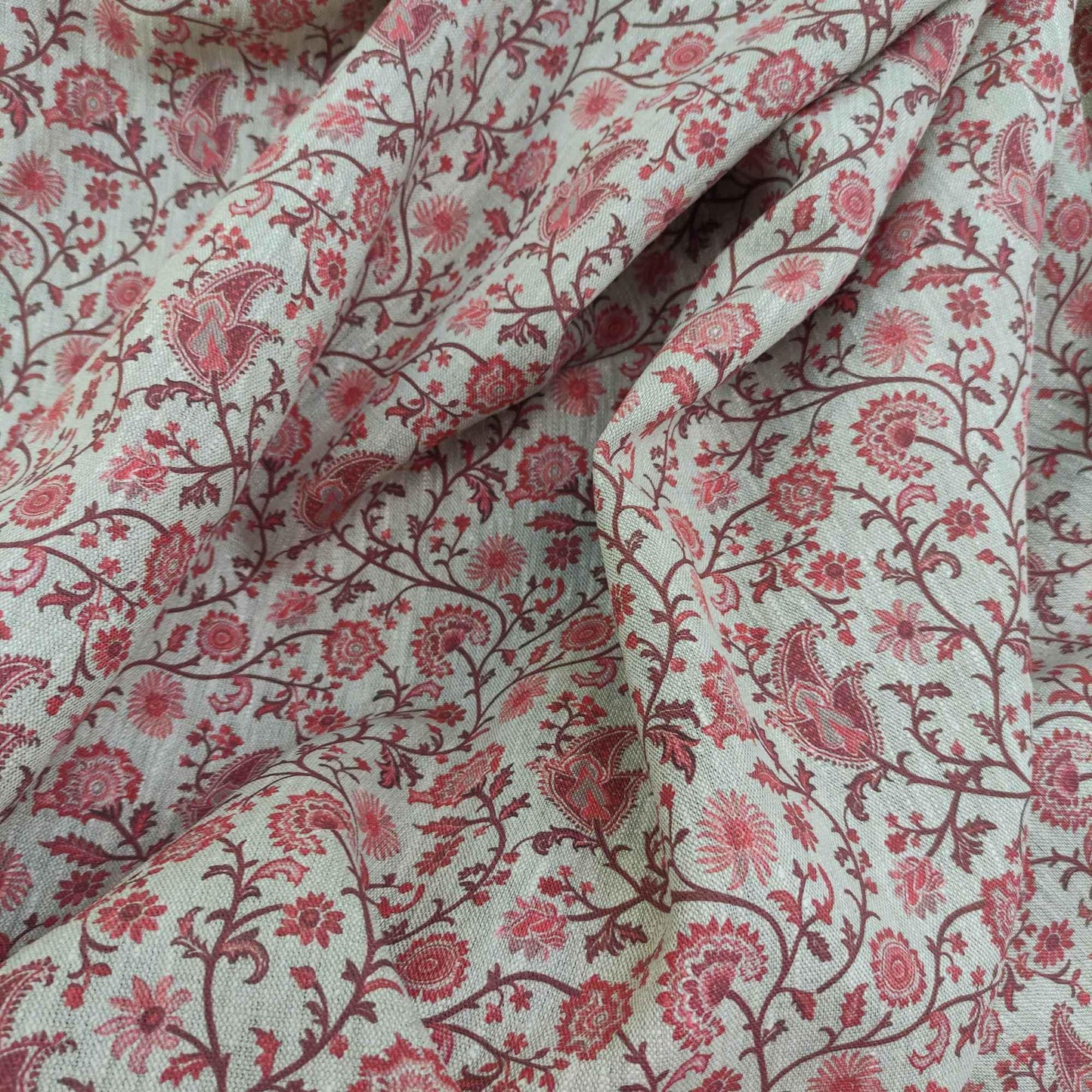 100% LINEN Fabric Toile de Jouy Paisley flowers, oatmeal natur linen fabric with red print, French linen fabric upholstery