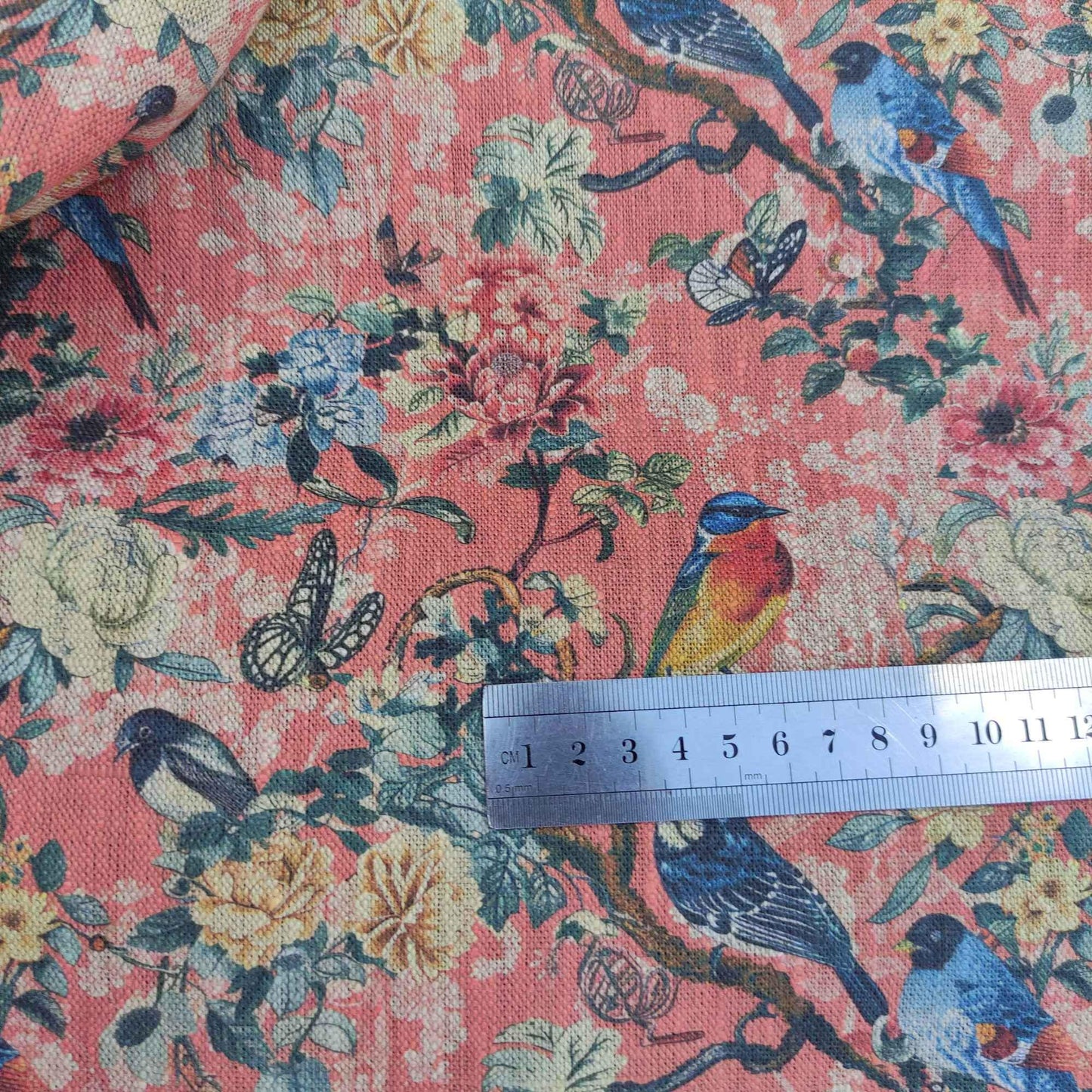 100% LINEN Fabric Toile de Jouy with flowers and birds, pink botanical print linen fabric for home decor upholstery
