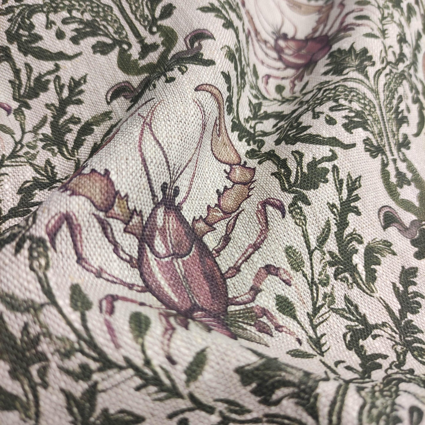 100% LINEN Fabric LOBSTER print, oatmeal linen fabric with green purple coastal print for upholstery home decor LOBSTER