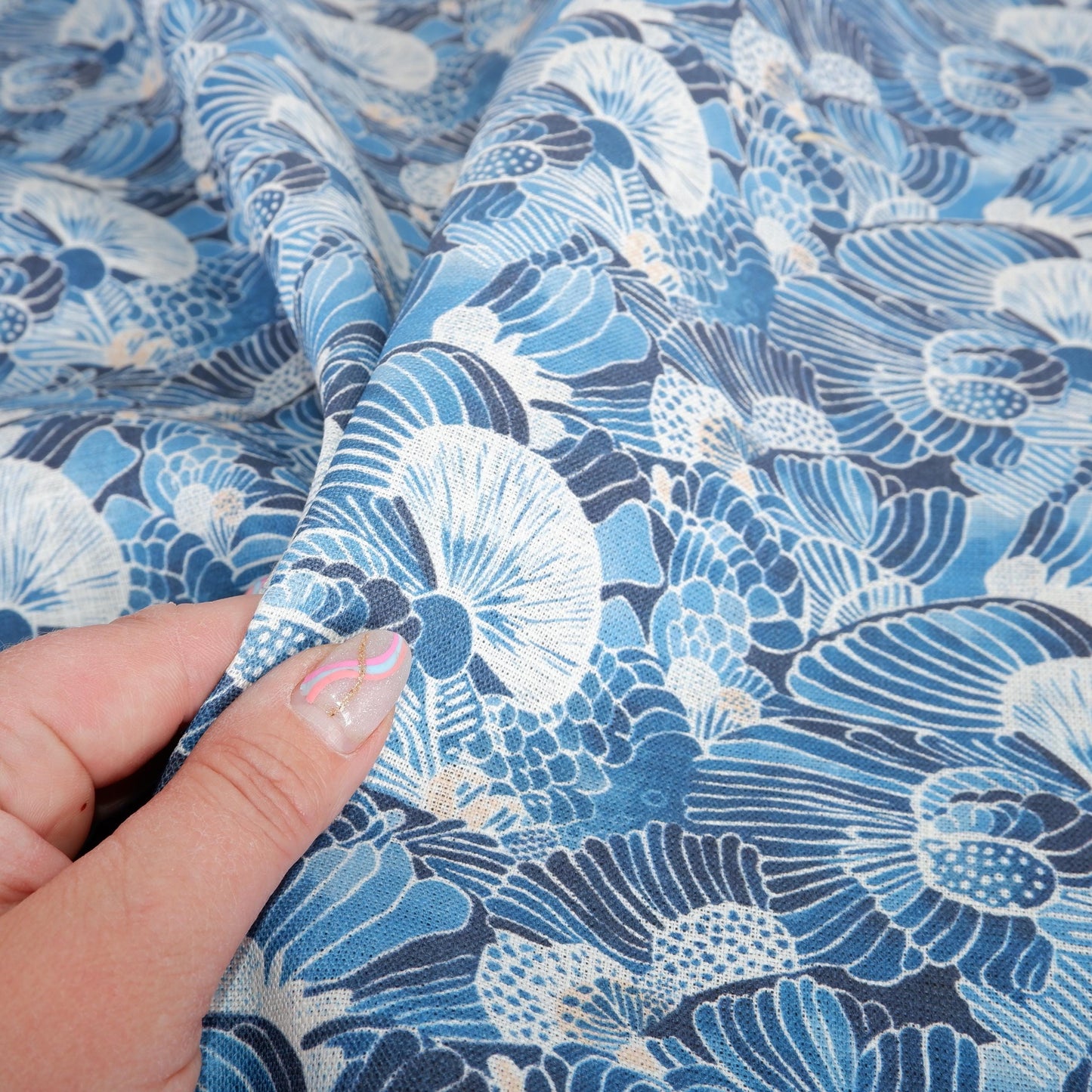 100% LINEN Fabric block print indigo blue white Japandi Sensu - Japanese fabric with abstract fan print linen upholstery dressmaking sewing