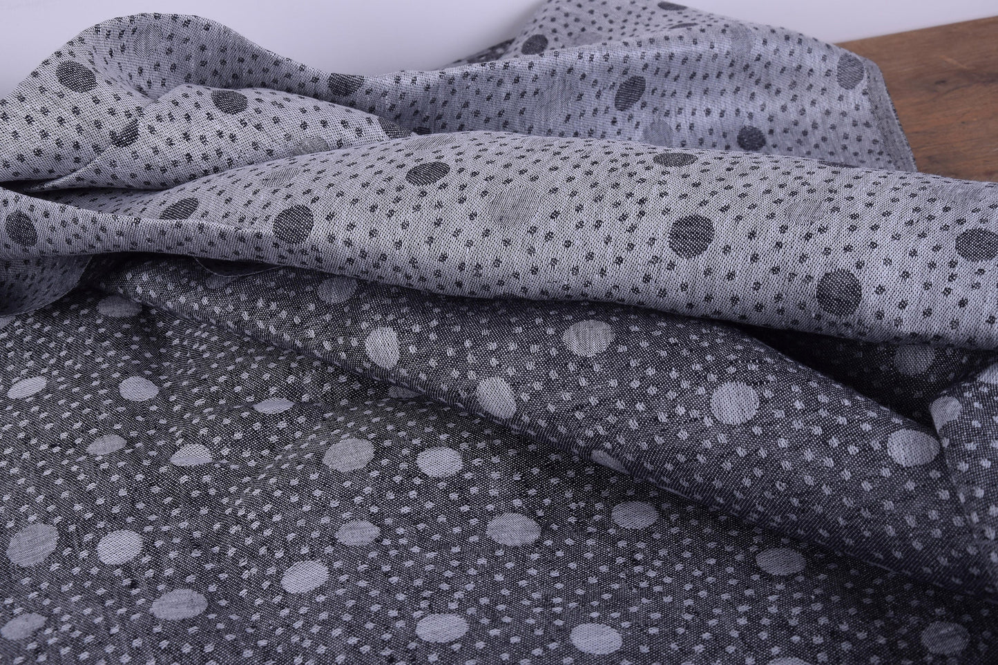 100% linen fabric Medium weight 190gsm. Black grey polka dots reversable double side. flax for crafting, table linen, napkins, jackets etc