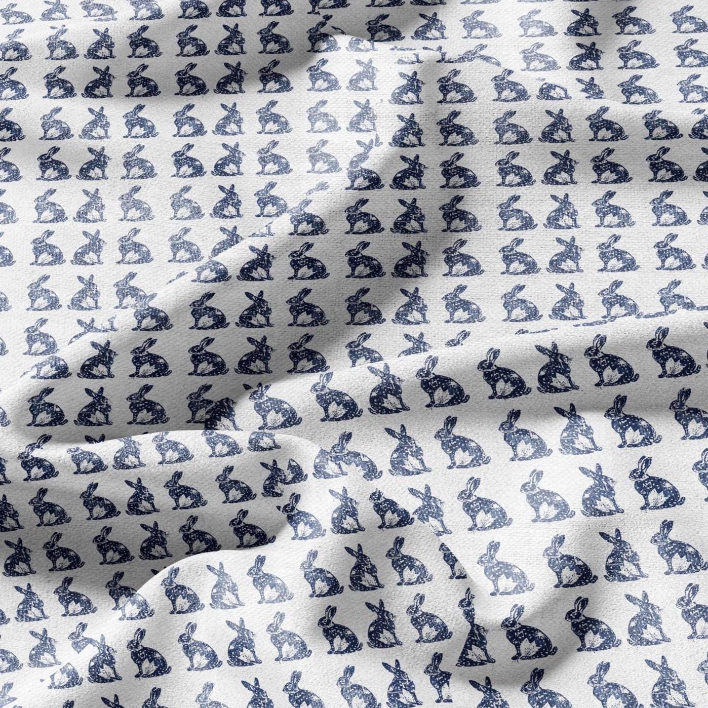 100% LINEN Fabric Rabbit indigo blue print - bunny linen fabric with blue coastal print for upholstery home decor 2427