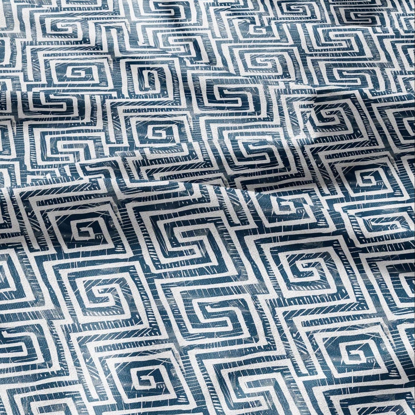 100% LINEN Fabric block Greek key Infinity print indigo blue on white - heavy linen fabric for upholstery home decor 2590