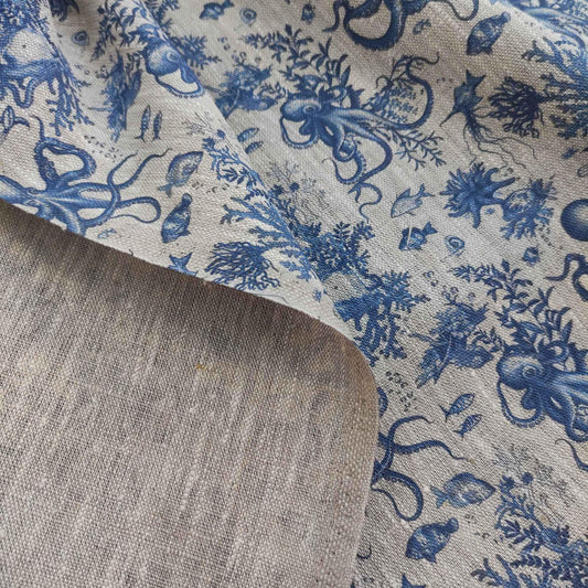 100% LINEN Fabric toile de jouy OCTOPUS Nautical print, oatmeal natur linen fabric with blue coastal print for upholstery home decor