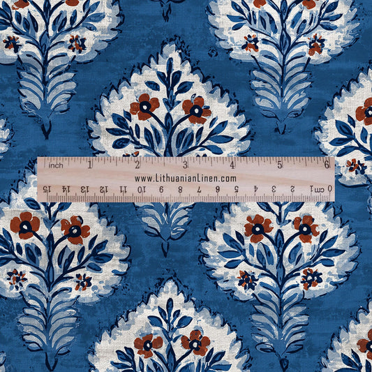 100% LINEN Fabric Blue leaves print - modern vintage indigo fabric for upholstery or home decor sewing 2931