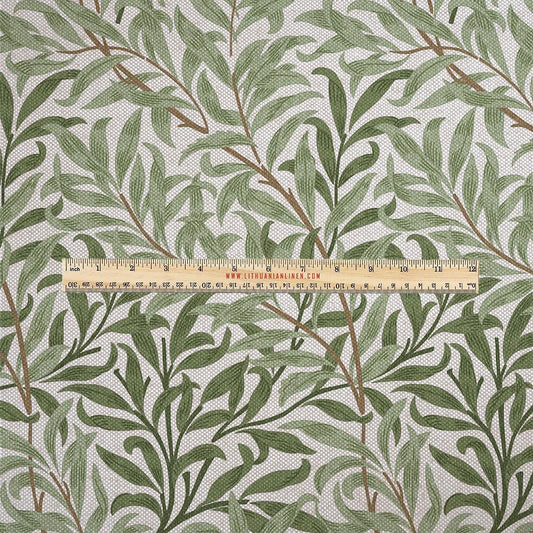 100% LINEN Fabric UPHOLSTERY 12oz - Green leaves William Morris Bough Willow on oatmeal - Modern vintage historical British floral 2981G