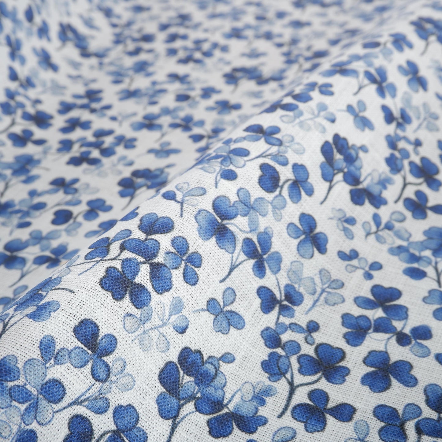 100% LINEN Fabric Blue Clover print - modern floral contemporary print on linen fabric upholstery dress making curtains