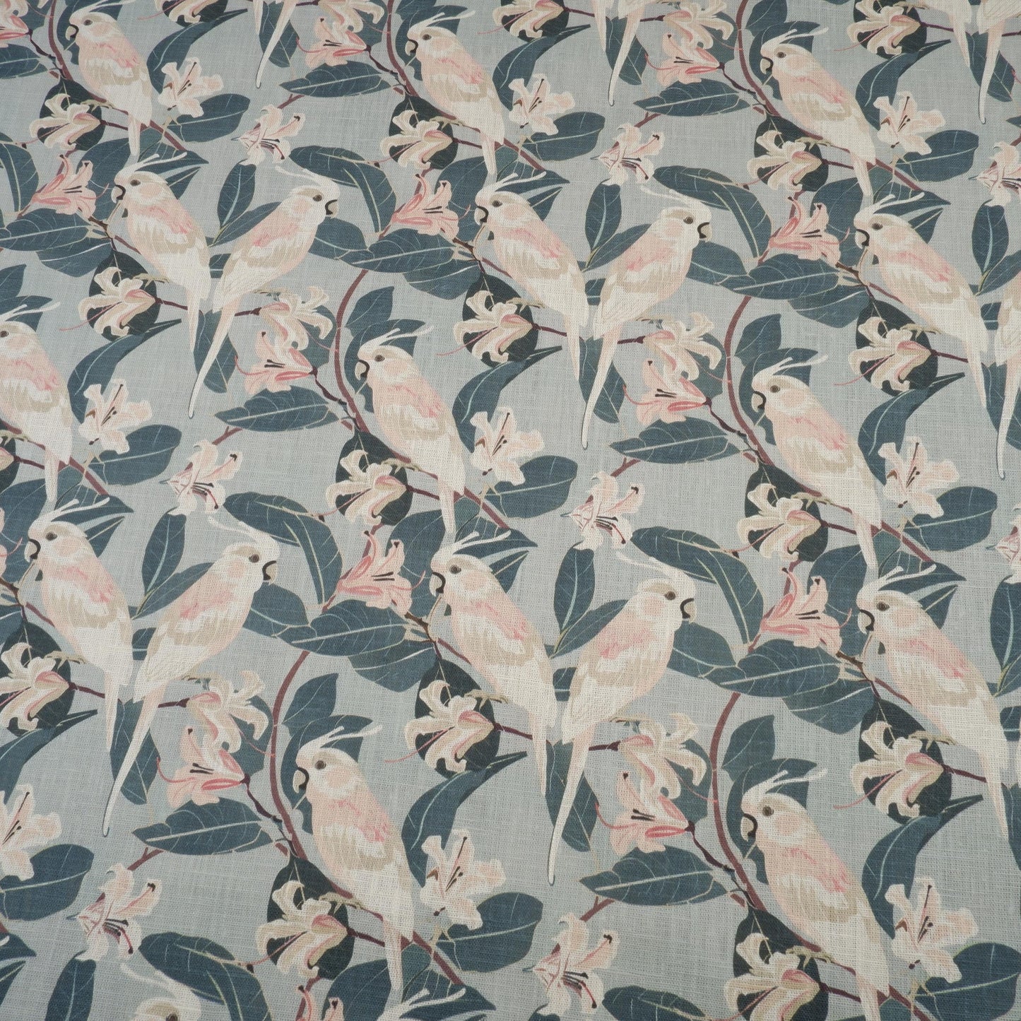 100% LINEN Fabric french blue block print on oatmeal natur linen, floral fabric with parrot French linen botanical upholstery clothing