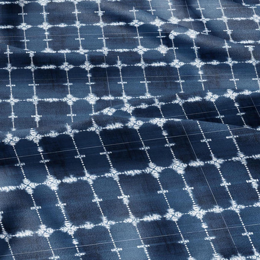 100% LINEN Fabric indigo blue print - Shibori abstract squares - upholstery curtains dress making 2982