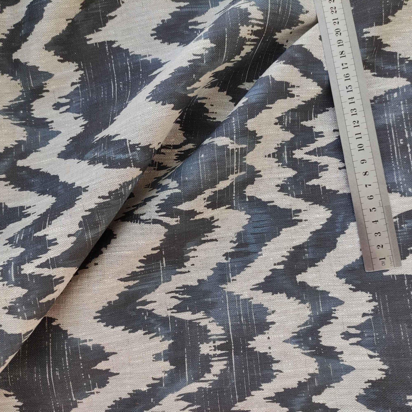 100% LINEN Fabric Abstract zigag WabiSabi , dark blue print on natural linen japandi wabi sabi linen print