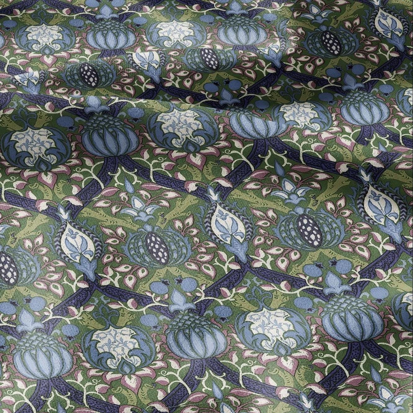 100% LINEN Fabric William Morris Granada print - British Victorian floral green blue 3207