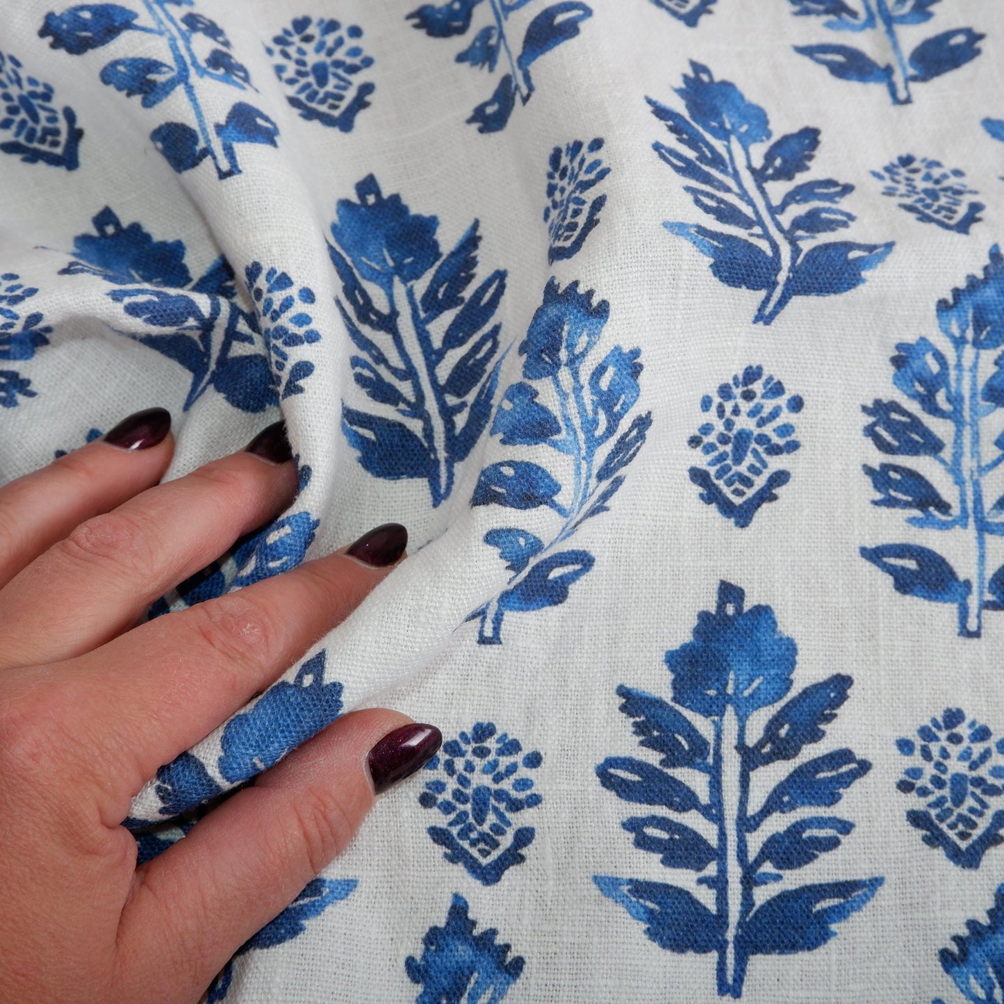 100% LINEN Fabric block print blue white - linen fabric with indian blue floral print, heavy linen fabric for upholstery home decor