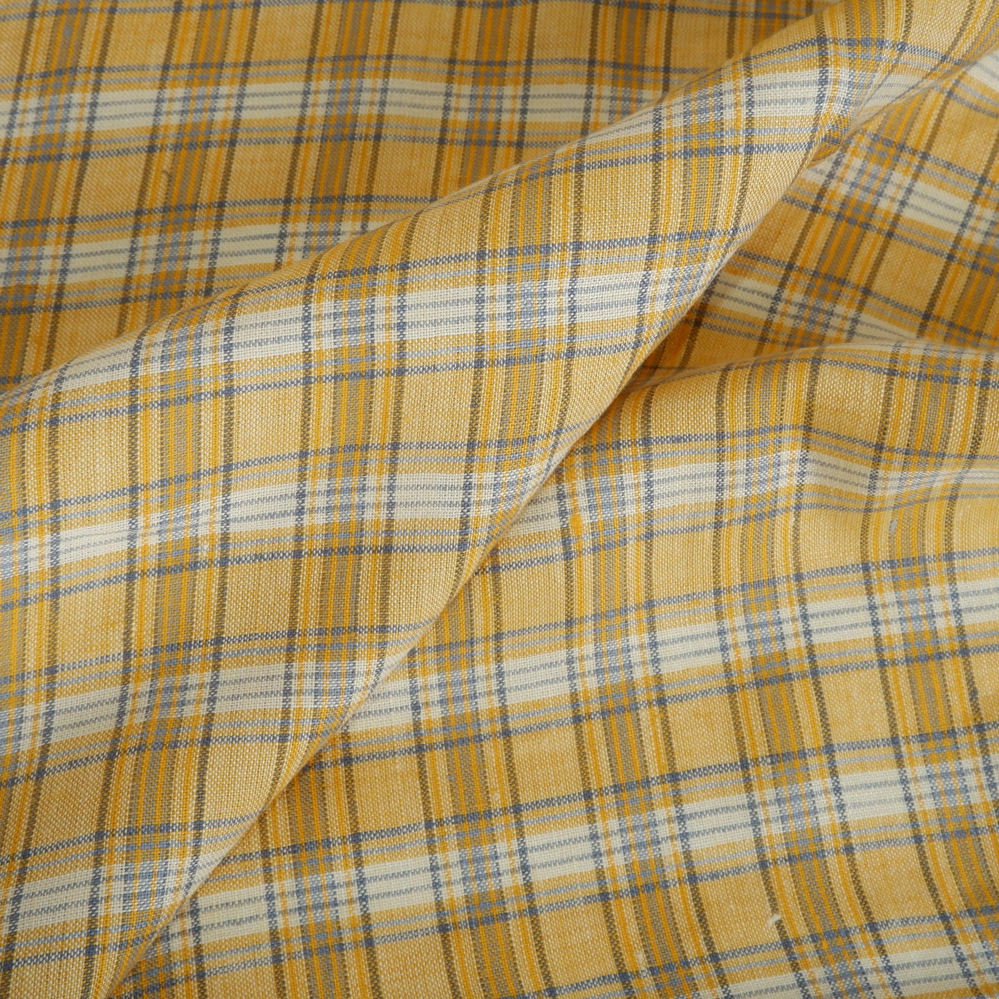 Premium Linen Gingham Fabric in Mustard | Medium weight multicolor check in mustard yellow and brown