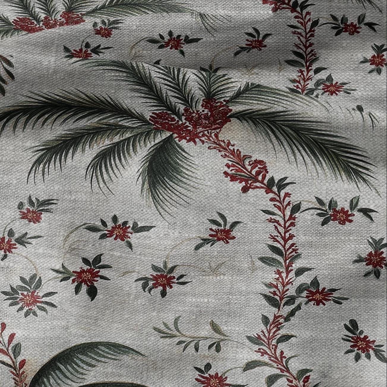 100% LINEN Fabric Palm tree print flowers - oatmeal linen fabric art deco print - fabric for home decor upholstery