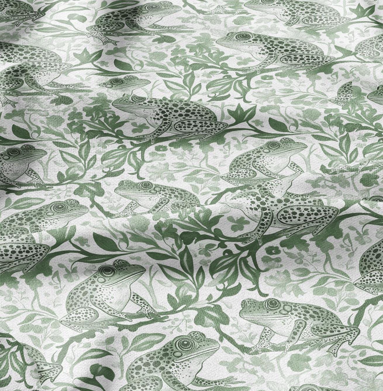 100% LINEN Fabric toile de jouy Frog Nautical print - green white linen fabric with blue coastal print for upholstery home decor