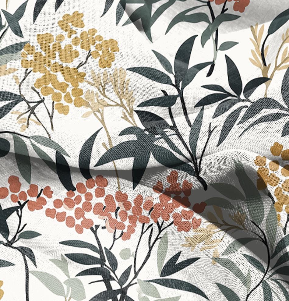 100% LINEN Fabric floral Rowan print, linen fabric with Berries tree floral print, heavy linen fabric for upholstery home decor