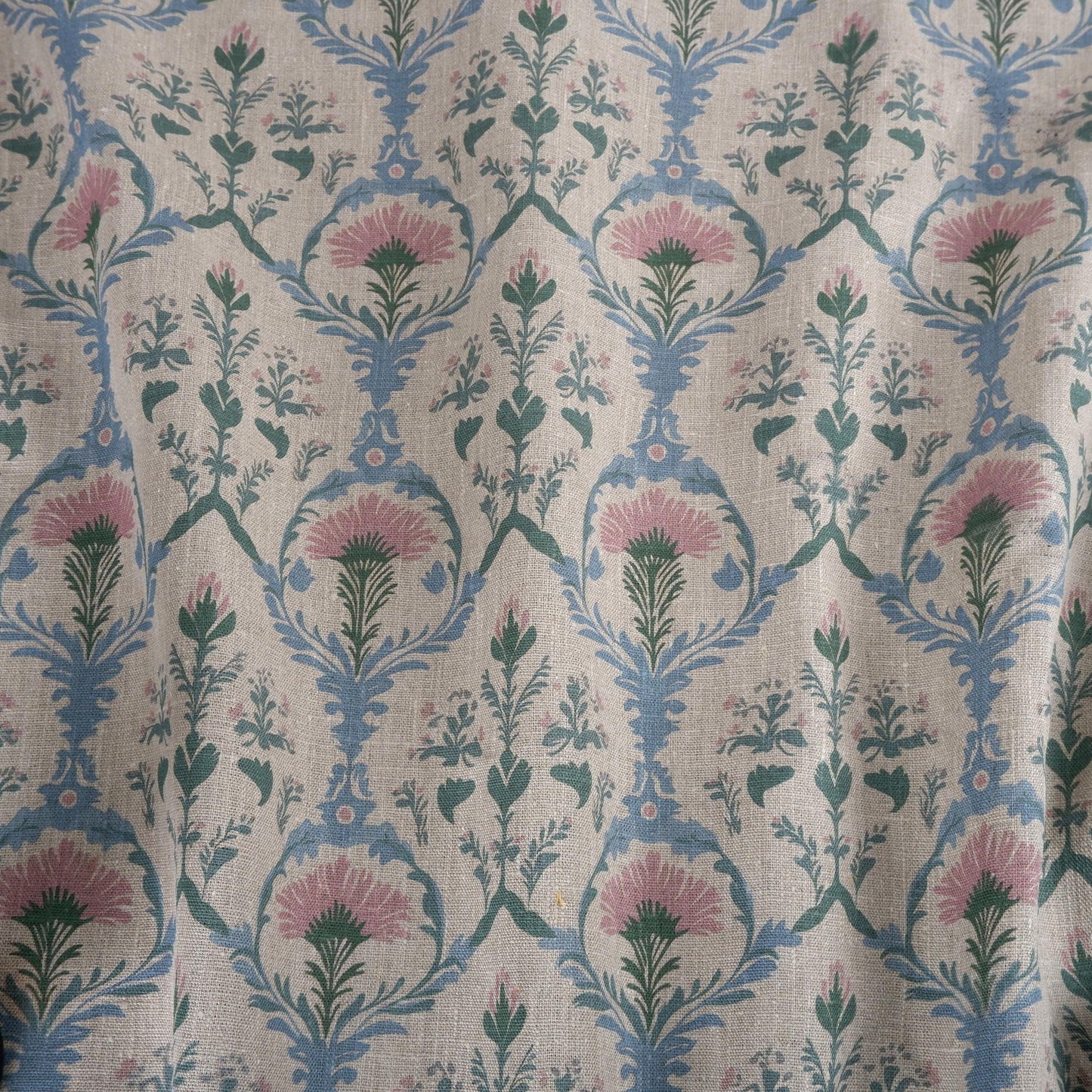 100% LINEN Fabric pink blue block print on oatmeal natur linen, floral toile de jouy fabric, French linen floral upholstery 2254