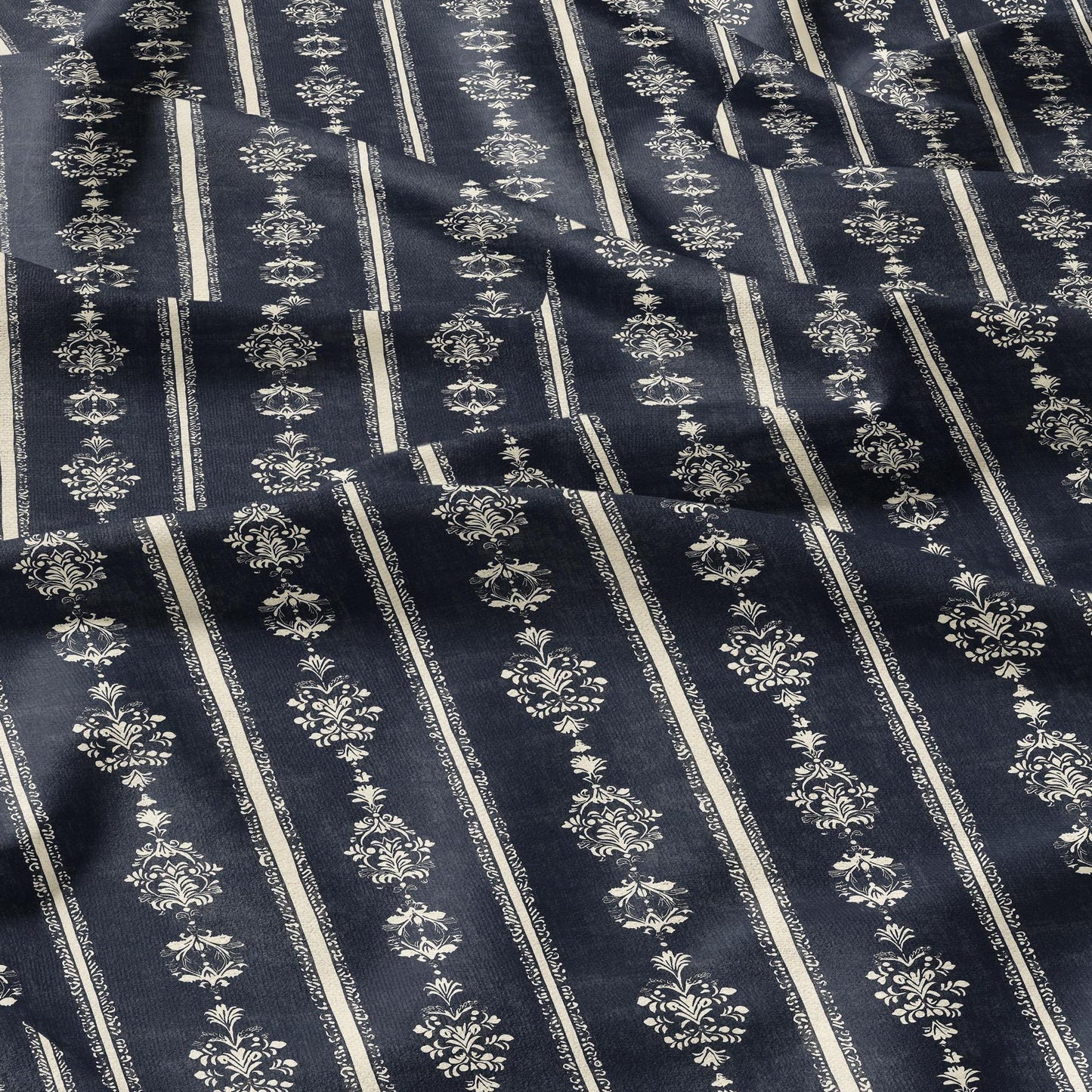 100% LINEN Fabric Indigo blue stripe block - tribal print on linen print upholstery curtains dress making