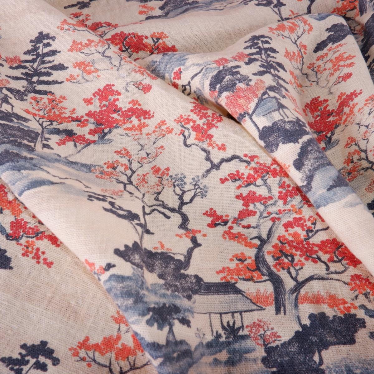 100% LINEN Fabric Floral print, Autumn in Japan botanical print linen fabric, heavy linen fabric for upholstery home decor curtains cushions