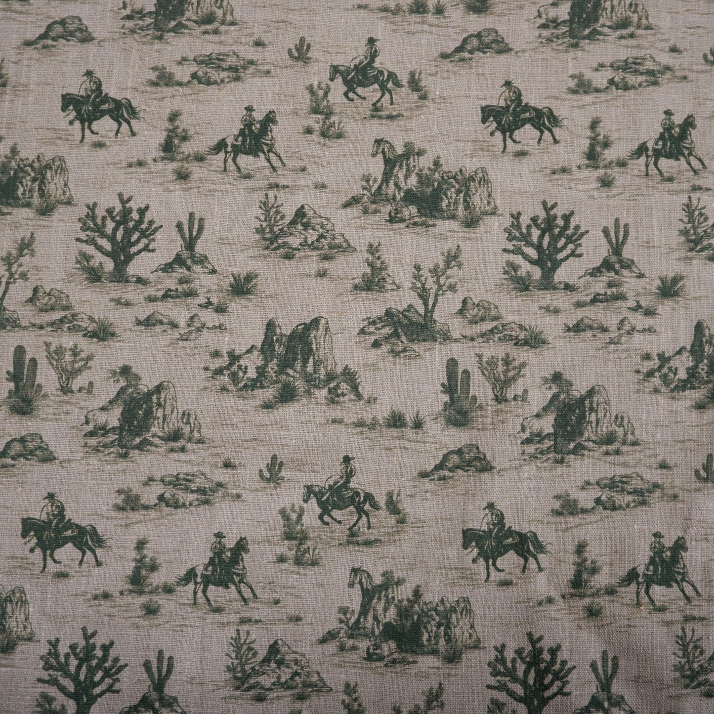 100% LINEN Fabric Toile de Jouy Cowboy in desert Countryside - oatmeal linen fabric with green print upholstery home decor curtains