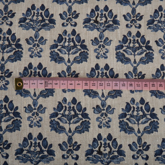 100% LINEN Fabric indigo blue block print - oatmeal neutral fabric with blue floral print - linen for upholstery home decor dressmaking 389