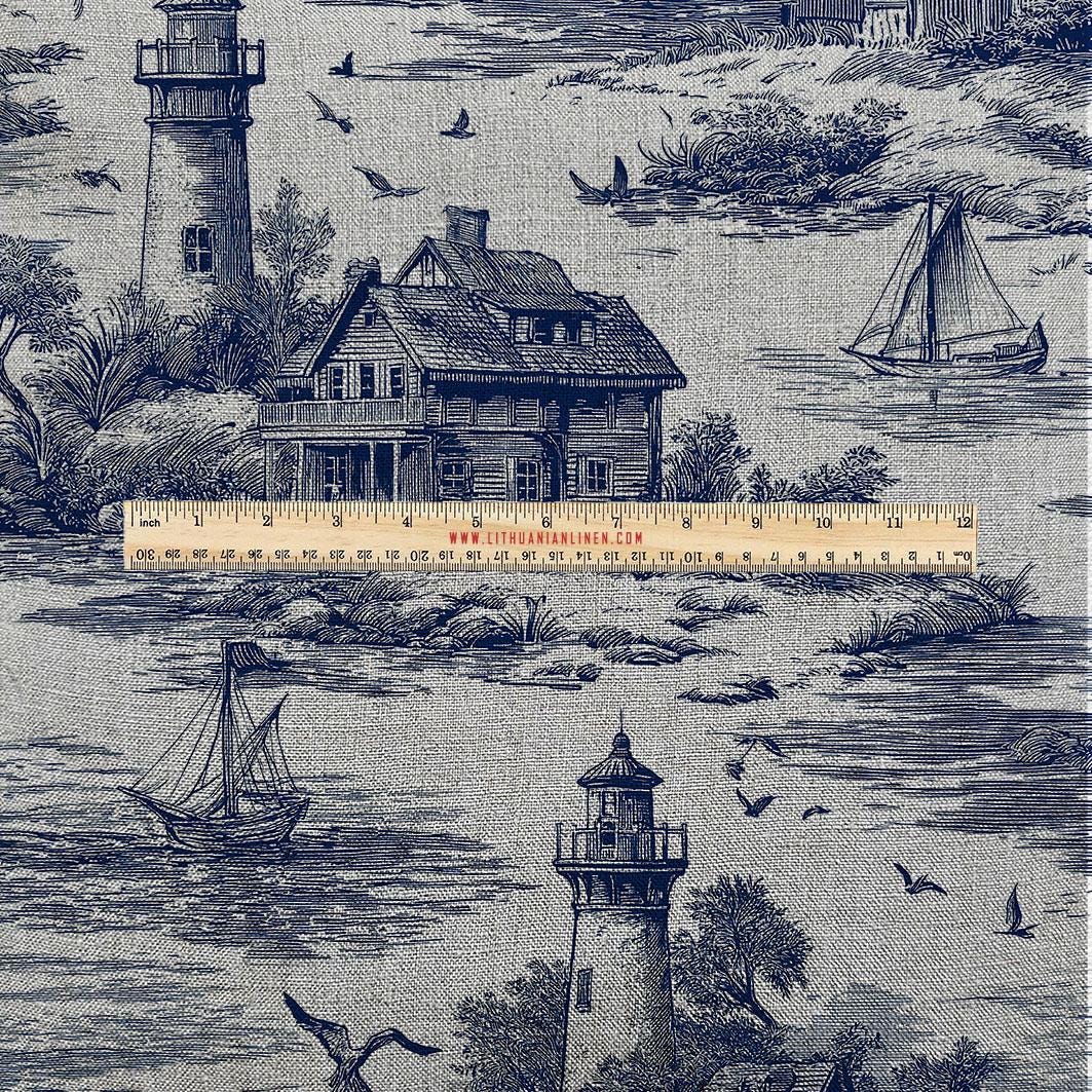 100% LINEN Fabric UPHOLSTERY 12oz - toile de jouy print Coastal - Lighthouse country side oatmeal - Modern Vintage upholstery 2787