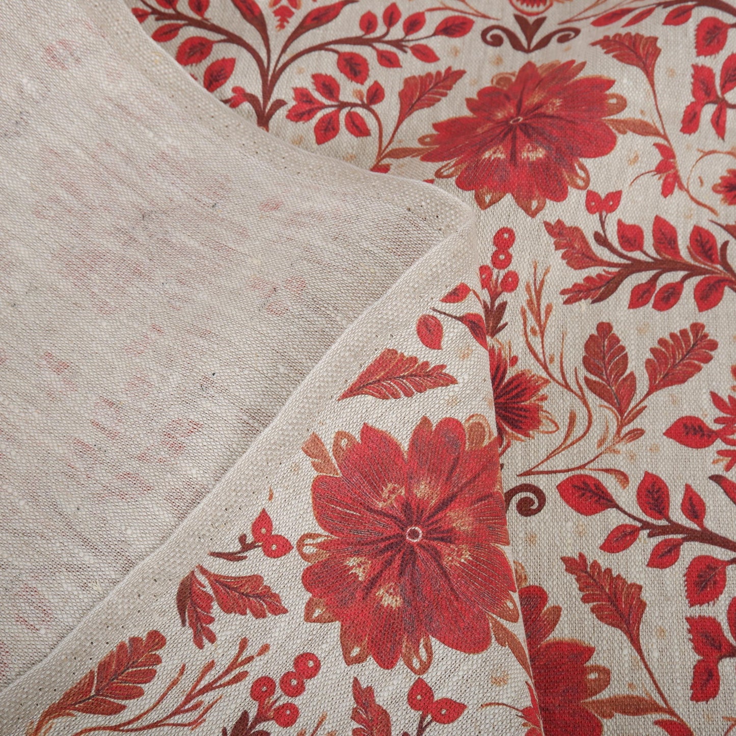 100% LINEN Fabric red floral print on oatmeal natur linen - love red flower fabric - French linen floral upholstery dress making 2036