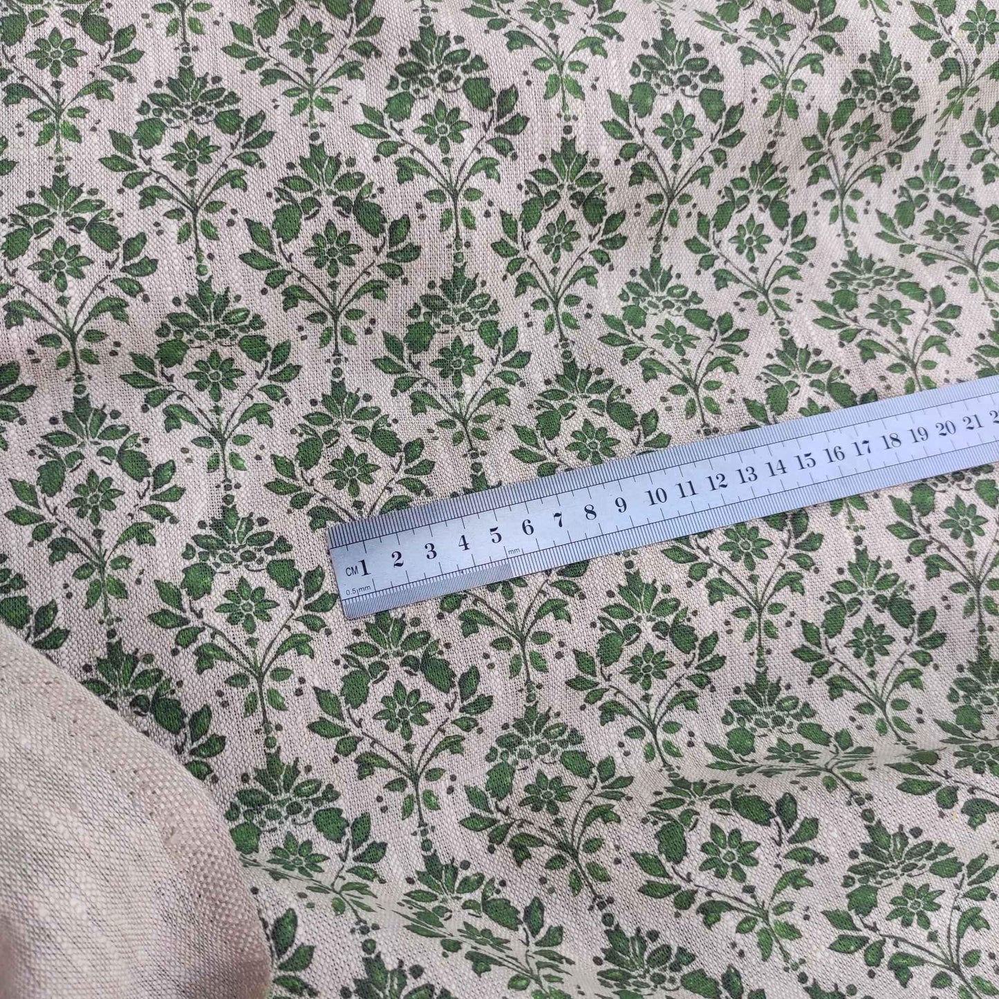 100% LINEN Fabric french green block print on oatmeal natur linen, upholstery linen fabric for home decor 340