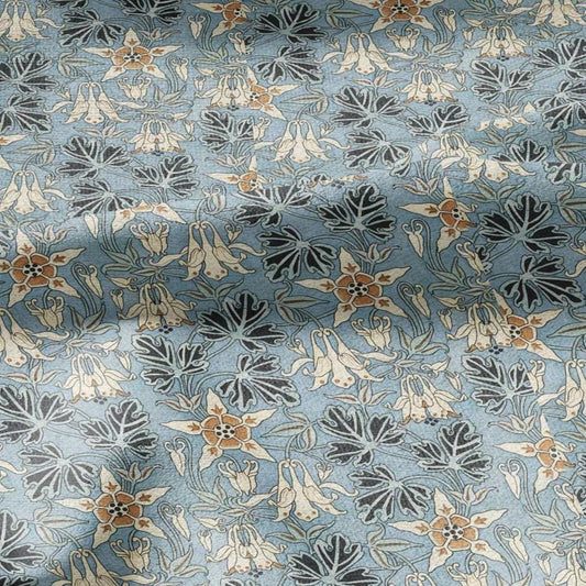 100% linen Columbine prints fabric for Curtain Upholstery Cushion - Art deco blue flower print fabric for dress making sewing 2451