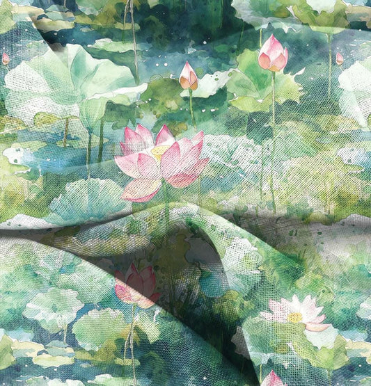 100% LINEN Fabric Waterlilly , linen fabric inspired by Monet Paintings Water Lilies , heavy linen fabric for upholstery home decor