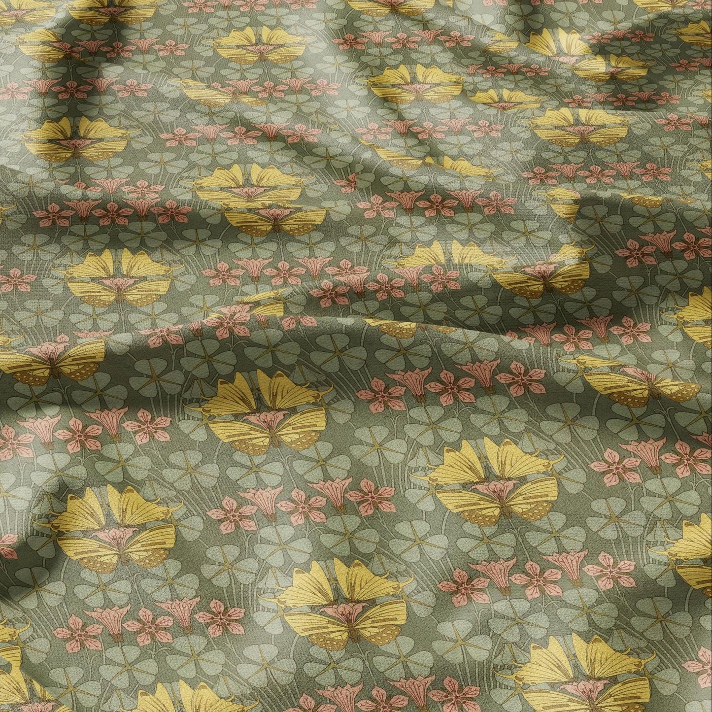 100% linen Art Nouveau Print fabric for Curtain Upholstery Cushion - Floral fabric with butterflies