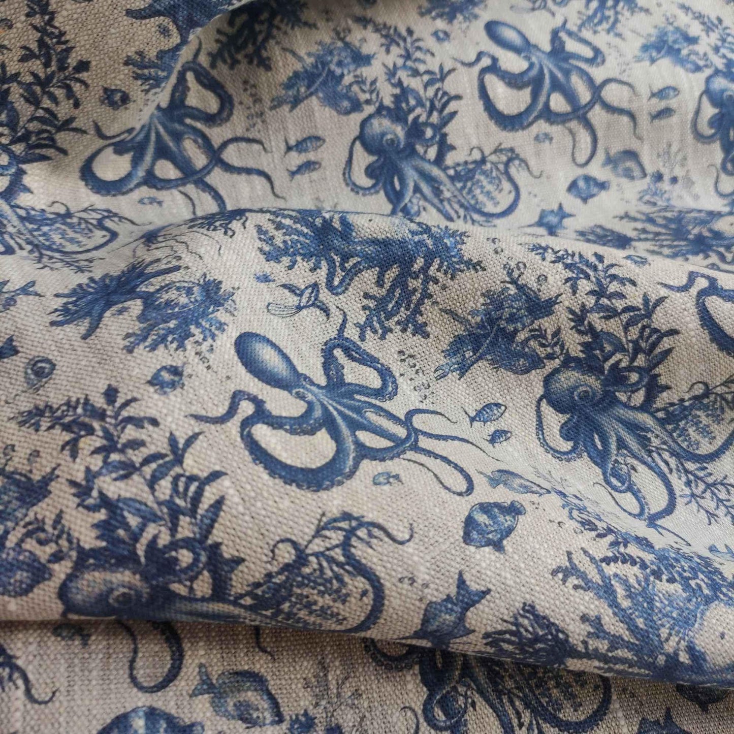 100% LINEN Fabric toile de jouy OCTOPUS Nautical print, oatmeal natur linen fabric with blue coastal print for upholstery home decor