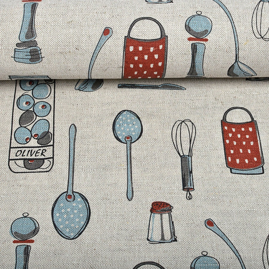 Linen fabric Coffee print Heavy weight 240gsm Kitchen tool print on flax cotton fabric for tablecloth, aprons, home textile