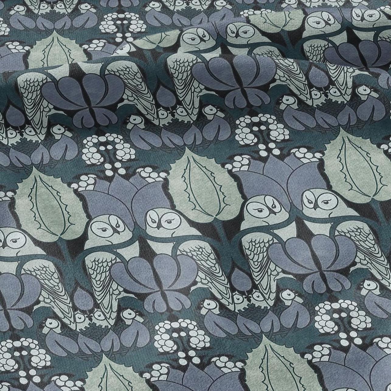 Owl Voysey blue print on 100% LINEN - Victorian Art crafts linen Fabric - botanical Historical upholstery home textile