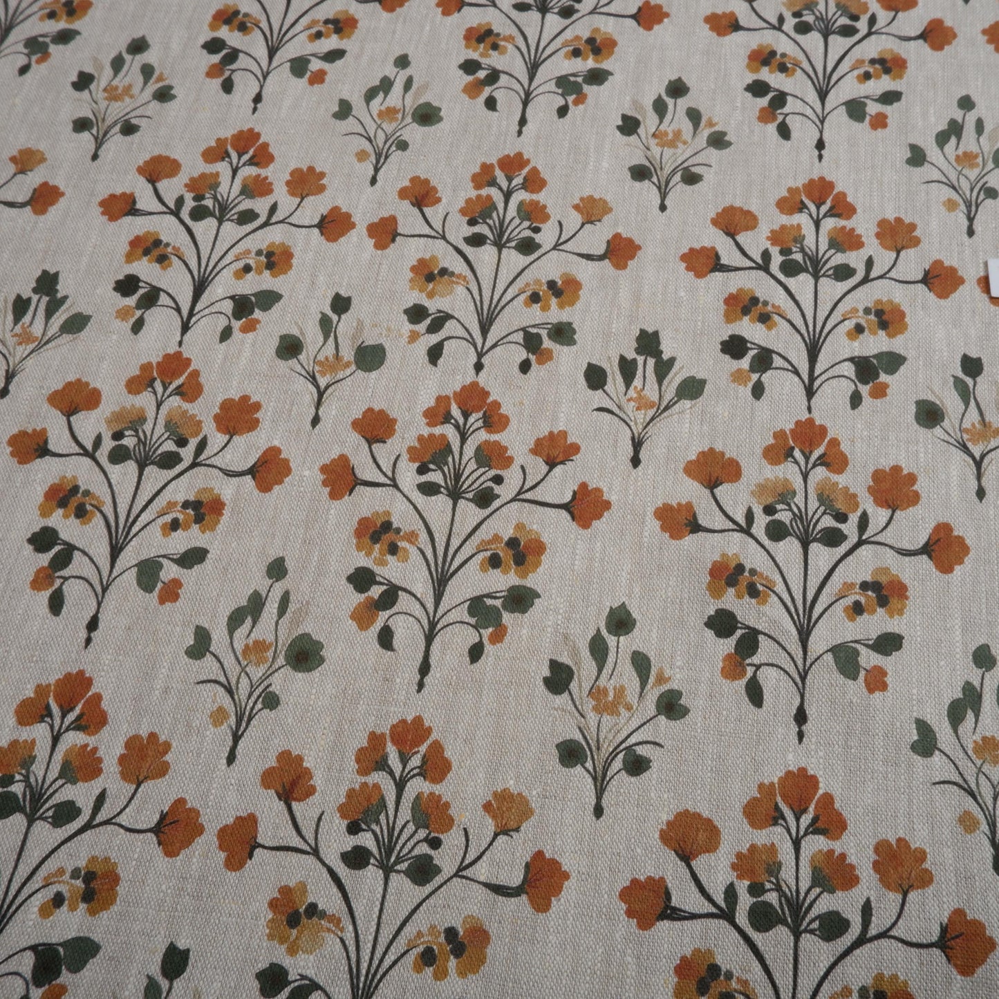 100% LINEN Fabric block print on oatmeal natur linen fabric with yellow floral print, heavy linen fabric for upholstery home decor