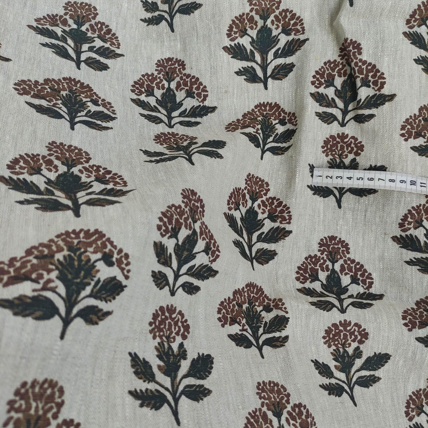 100% LINEN Fabric hand block print flowers - oatmeal linen fabric with black brown print Achillea - fabric for home decor upholstery
