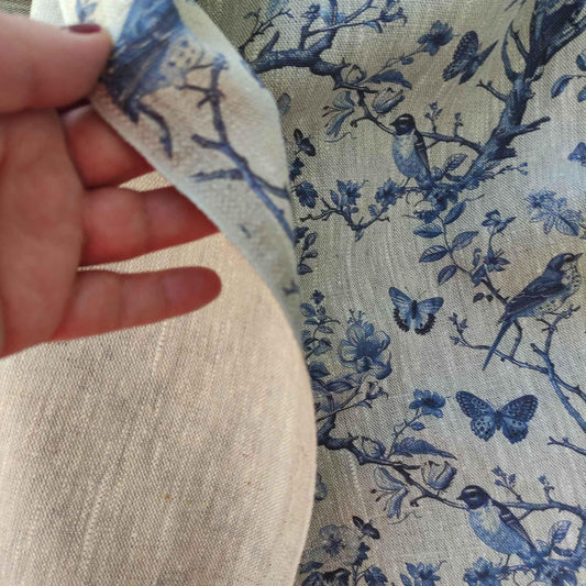 100% LINEN Fabric french blue block print on oatmeal natur linen, floral toile de jouy fabric, French linen floral upholstery