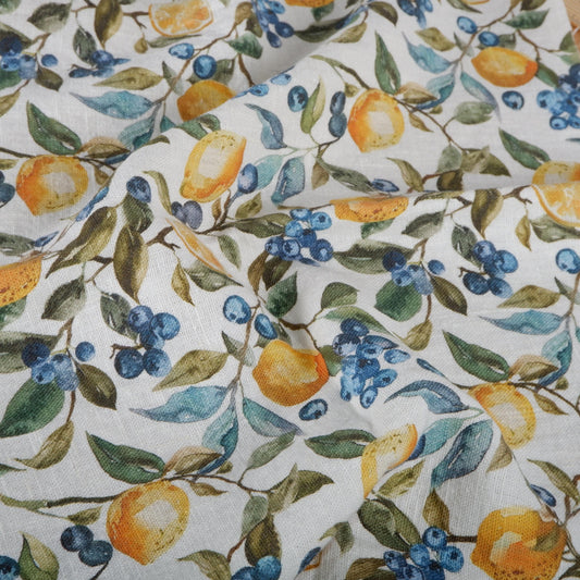 100% LINEN Fabric with lemon blueberry pattern - linen fabric for upholstery home decor dressmaking clothing sewing LithuanianLinen
