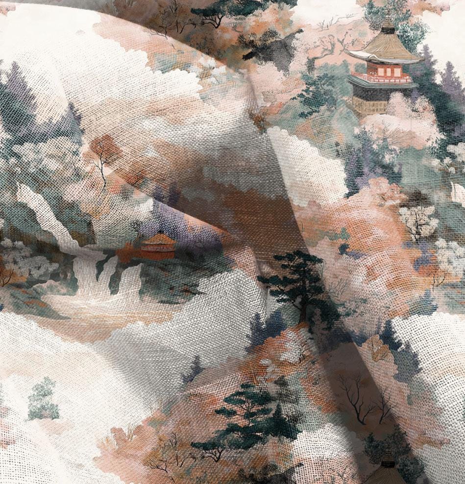 100% LINEN Fabric Kyoto in autumn print, linen fabric withJapanese scenery print, heavy linen fabric for upholstery home decor
