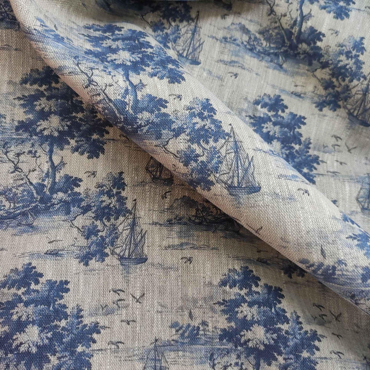 100% LINEN Fabric Toile de Jouy with ship and island print, oatmeal natur linen with blue indigo coastal print, linen fabric home decor