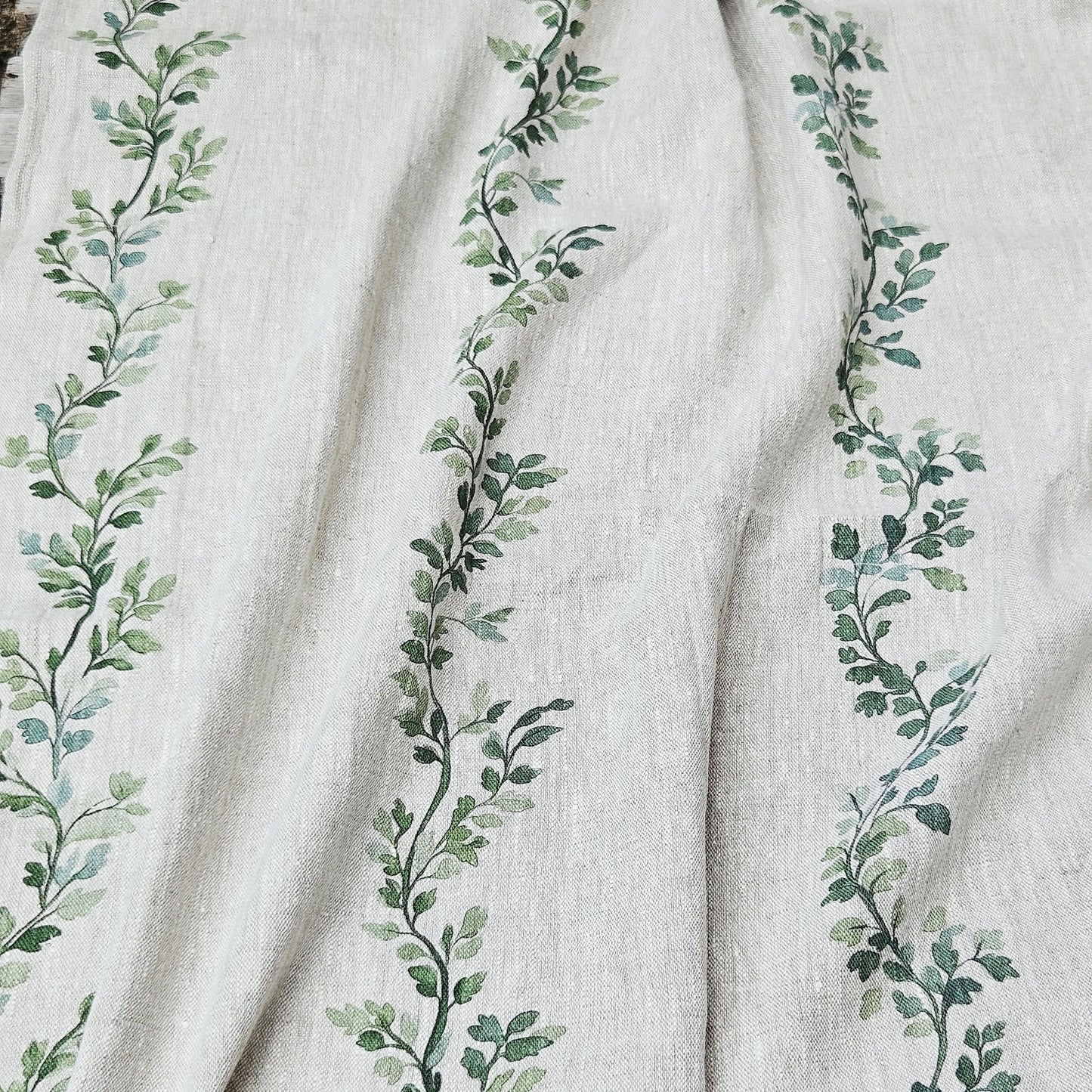 100% LINEN Fabric Striped floral print - block print green leaves on oatmeal linen for upholstery curtains dress making 2668