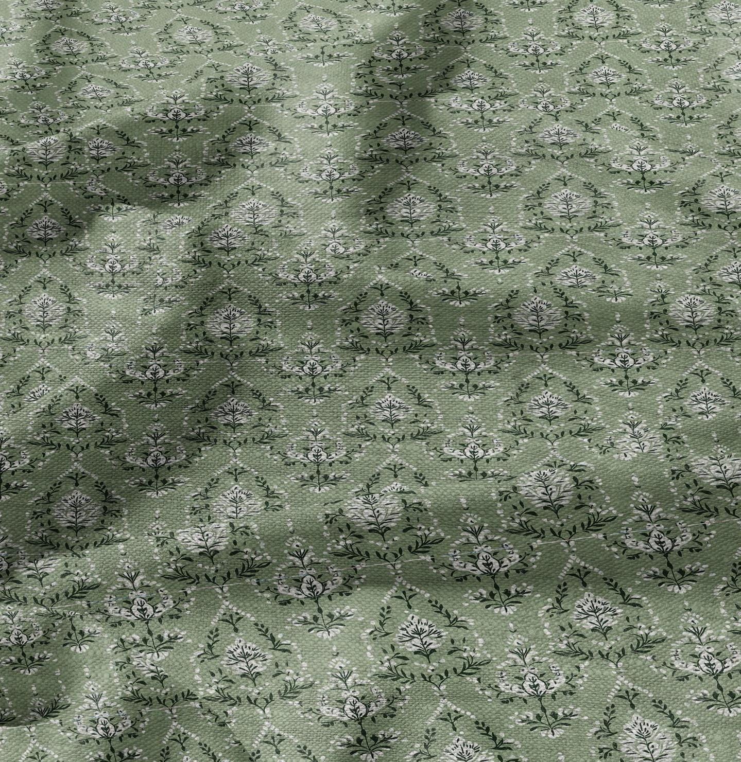 100% LINEN Fabric in floral block print - botanical green linen fabric for upholstery home decor curtains dress making pillowcases