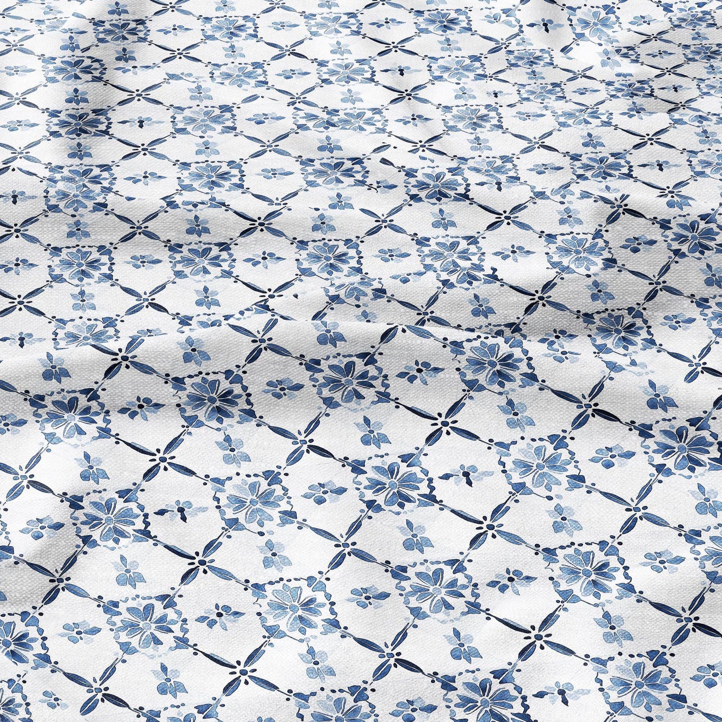 100% LINEN Fabric block print indigo blue white Swedish tile - scandinavian fabric with floral print - block print on linen